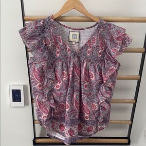 Bell pink and blue Flutter Sleeve Ruffled Blouse